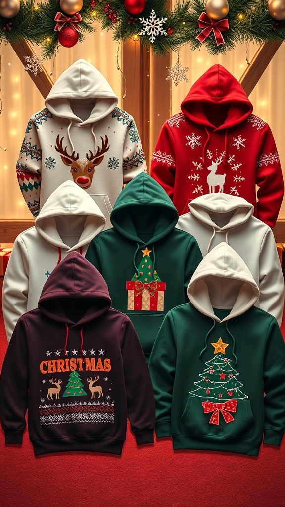 Cozy Christmas Hoodies for Your Wishlist A variety of Christmas hoodies with festive designs on a decorated background.